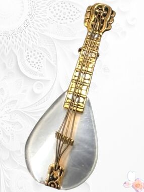 Striking Vintage Spain Damascene Mandolin Brooch 24K Gold Inlay Figural